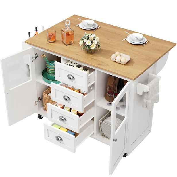 Modenvie KUCHYŇSKÝ ostrůvek z MDF a kovu, 137,9/73/92,5 cm bílý, sklápěcí deska a kolečka