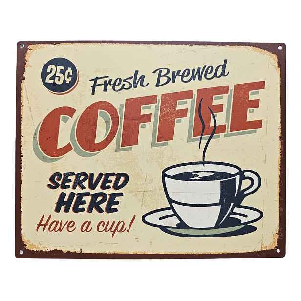 Žlutá antik nástěnná kovová cedule Fresh Coffee - 25*20cm Ostatní