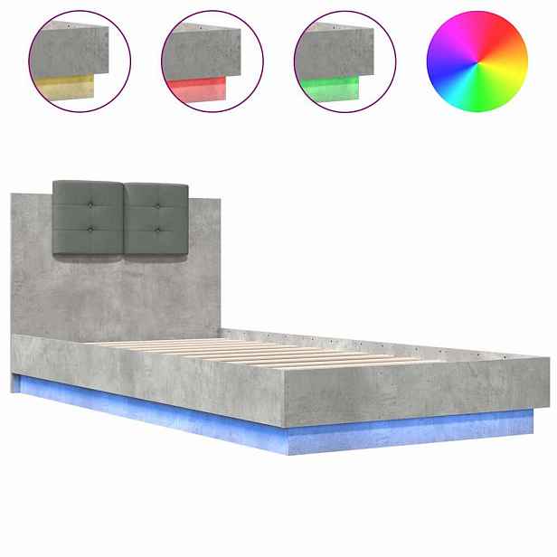 vidaXL Rám postele s čelem a LED osvětlením betonově šedý 100 x 200 cm