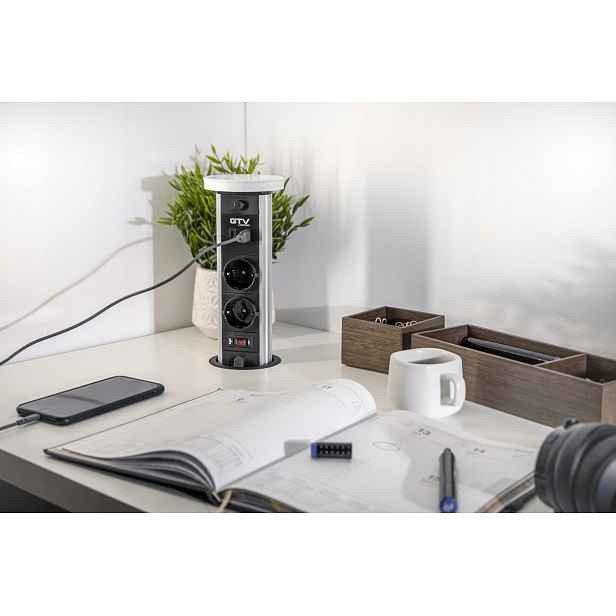 Zapuštěná stolní zásuvka Camino 2x230V Usb A+c indukční nabíjení, bílá