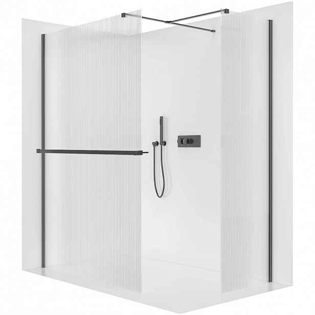 Sprchová zástěna Walk-in Onyx T L/P - 8 mm - hranatá vzpěra + polička/držák na ručníky - černá matná, rýhované sklo - 120x120x200 cm