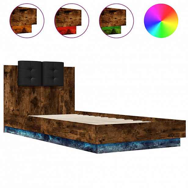vidaXL Rám postele s čelem a LED osvětlením kouřový dub 100 x 200 cm