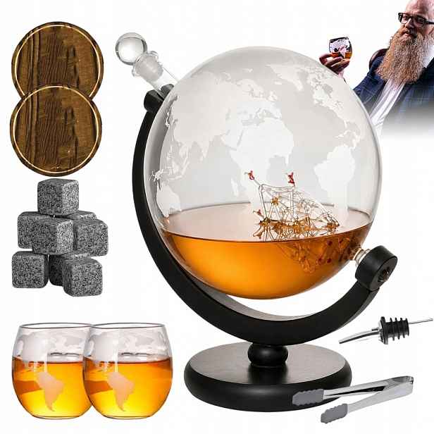 Karafa na whisky Globus s 8 kostkami a dřevěným stojanem na Dárek
