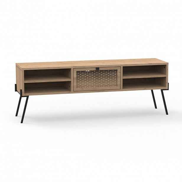 Calicosy TV stolek s 1 dvířky, 4 policemi a kovovými nohami, šířka 140 cm - Evan