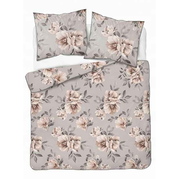 Povlečení z perkálu Lamé Percale 220x200 taupe, velké béžové květy, lem