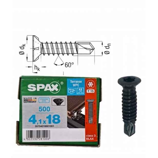 Terasové šrouby Alu 4,1 x 18 A2 Tx 500 ks Torx Spax pro kompozitní desku