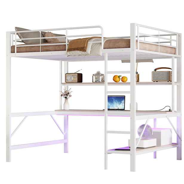 Modenvie VYSOKÁ postel 140/200 cm z kovu a MDF v bílé barvě s psacím stolem a LED osvětlením