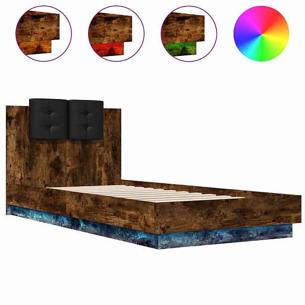 vidaXL Rám postele s čelem a LED osvětlením kouřový dub 90 x 200 cm