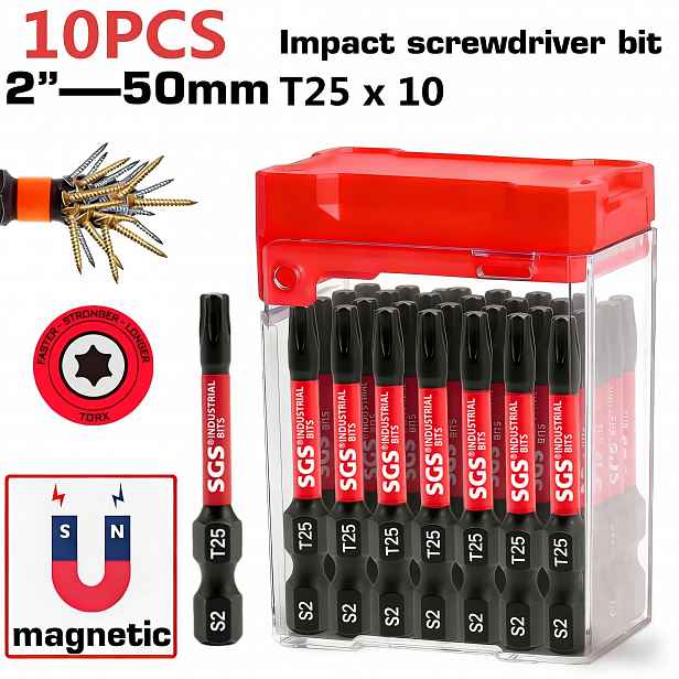 TEMU RedStorm Torx T25 Průmyslový Nárazový Šroubovák Bit, Ocel S2, 50mm, Sada Vysoce Odolných Magnetických Šroubovákových Bitů, 10 ks, s Červeným