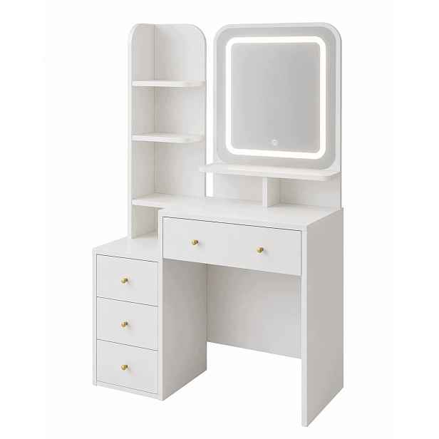 Toaletní Stolek se zrcadlem, 4 zásuvky, bílá matná, 102 cm