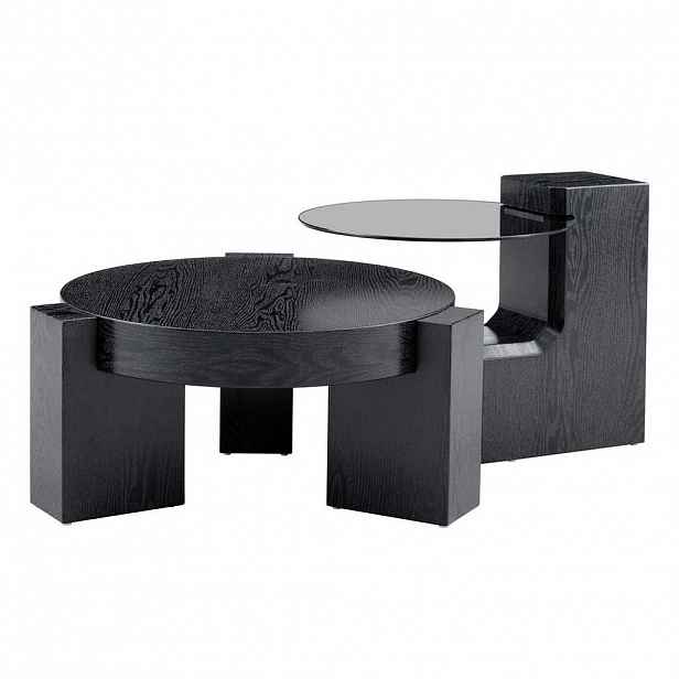 OKWISH SADA konferenčních stolků 61/61/30 cm černá z MDF a skla s oddělitelným dvouúrovňovým designem