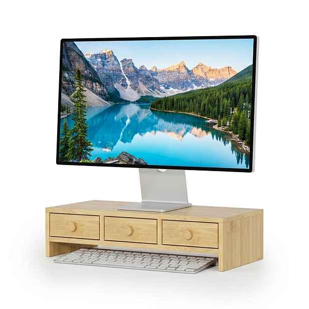 Relaxdays PODSTAVEC v dekoru dřeva na monitor MDF 3 zásuvky