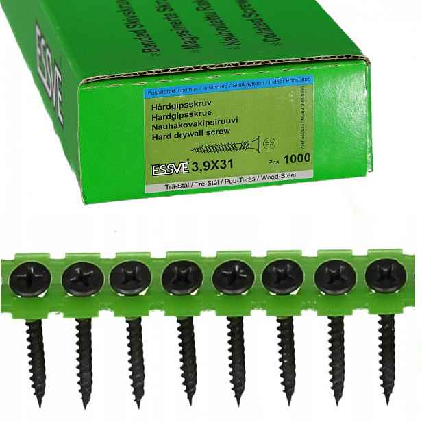 Šrouby Na Pásku Do Desek Gk Metal/tvrzené Dřevo 3,9x31mm Essve 1000ks