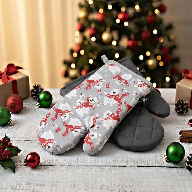 Vánoční kuchyňské rukavice SMILING XMAS šedá 18x30 cm – 2 ks