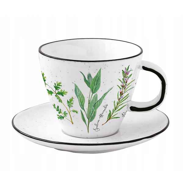 Elegantní Šálek s podšálkem 250 ml Boho Retro Bylinky Bílá Černá