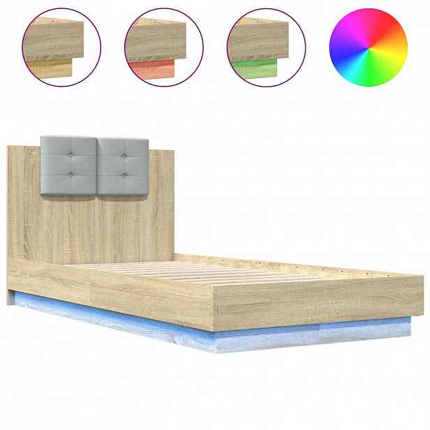 vidaXL Rám postele s čelem a LED osvětlením dub sonoma 90 x 190 cm