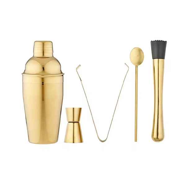 Zlatý barmanský set Tempa 5 ks shaker odměrka kleště palička lžíce