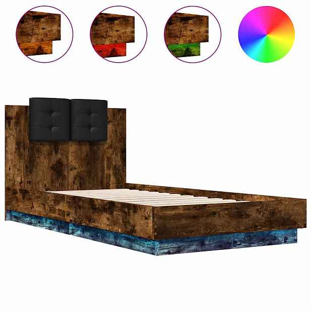 vidaXL Rám postele s čelem a LED osvětlením kouřový dub 90 x 190 cm