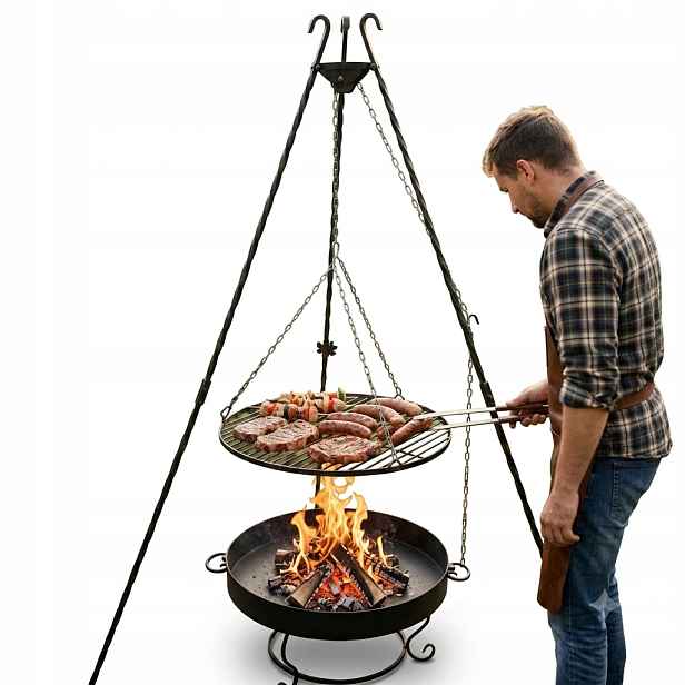 Zahradní Gril Trojnožka Nerezový Rošt 60 CM Ohniště Řetěz Dárek