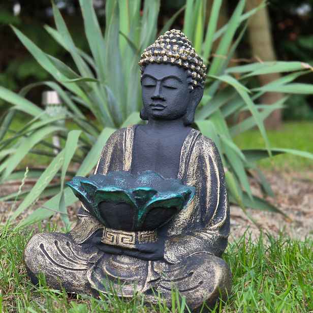 Figura Buddha s lotosovým květem betonová 30 cm Odolný vůči povětrnostním podmínkám