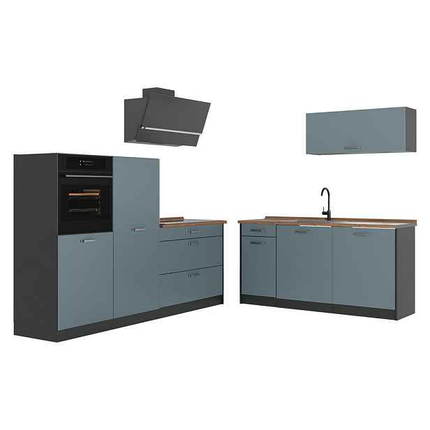 Vicco KUCHYŇSKÝ KOUT R-Line, Modrošedá/Antracit, 220 cm pracovná doska Dub Goldkraft