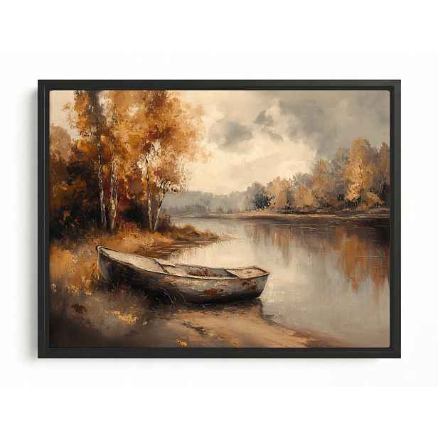 Obraz Rám Americký Box Podzimní Krajina Loďka Řeka Zlatá Podzim 80x60