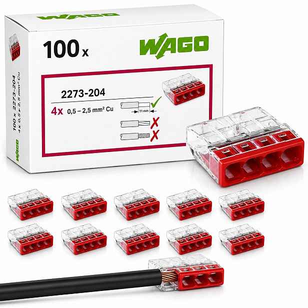 100x Spojka Wago Rychlospojka Spojka Sada 2273-204 na drát 4x0,5-2,5 mm