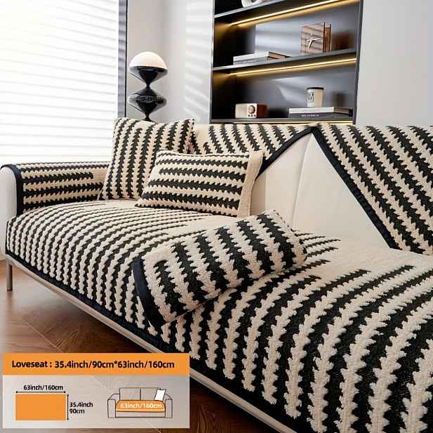 TEMU 1ks Severský minimalistický moderní plyšový potah na pohovku, pruhovaný potištěný , tlustý plyšový ochranný potah na pohovku vhodný pro domácí
