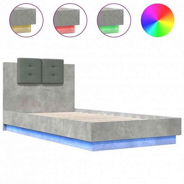 vidaXL Rám postele s čelem a LED osvětlením betonově šedý 75 x 190 cm
