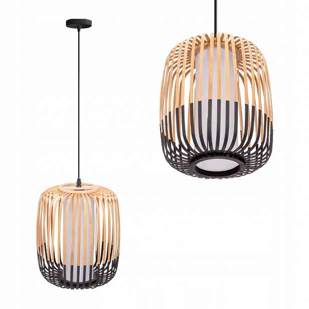 Závěsná Lampa Boho Bambusová Přírodní S Černou Barvou