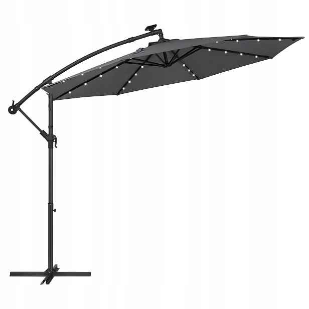 Zahradní slunečník Led solární Songmics 3 m, šedý, podpěrná základna s klikou