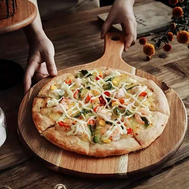 TEMU 1 ks, Velká pizza deska z akátového dřeva s úchytem, Domácí servírovací deska na pizzu, Kulatá deska na krájení pizzy, Kuchyňský servírovací tác