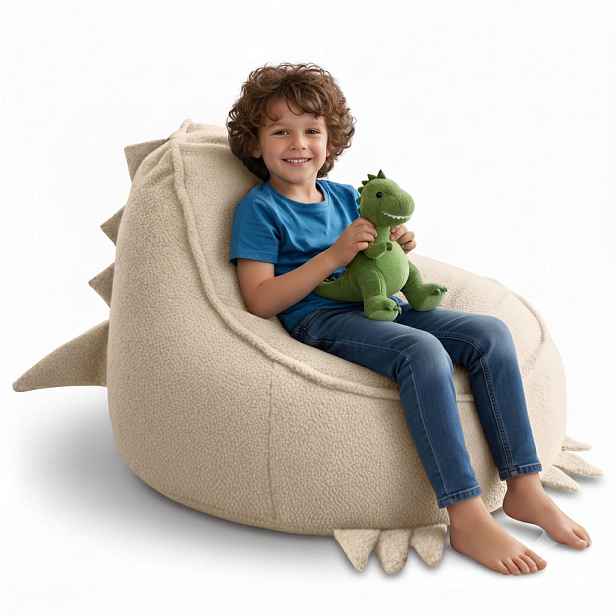 Dreamroots SEDACÍ VAK PRO DĚTI Dino 75/75/55 cm, měkké bouclé 315 g/m², snímatelný potah, Toasted Almond