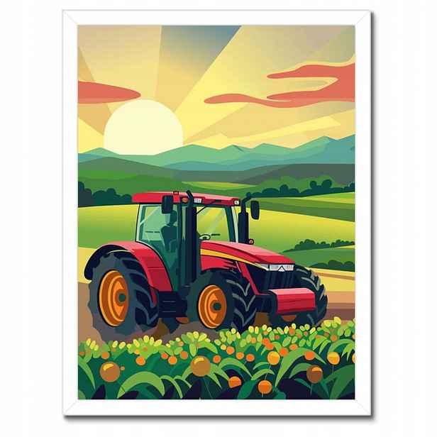 Plakáty v rámu 30x40 Traktor v poli při západu slunce