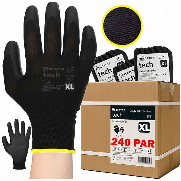 Pracovní Rukavice Tech Mercator Black Černé Polyur Lehké r.XL 240 párů