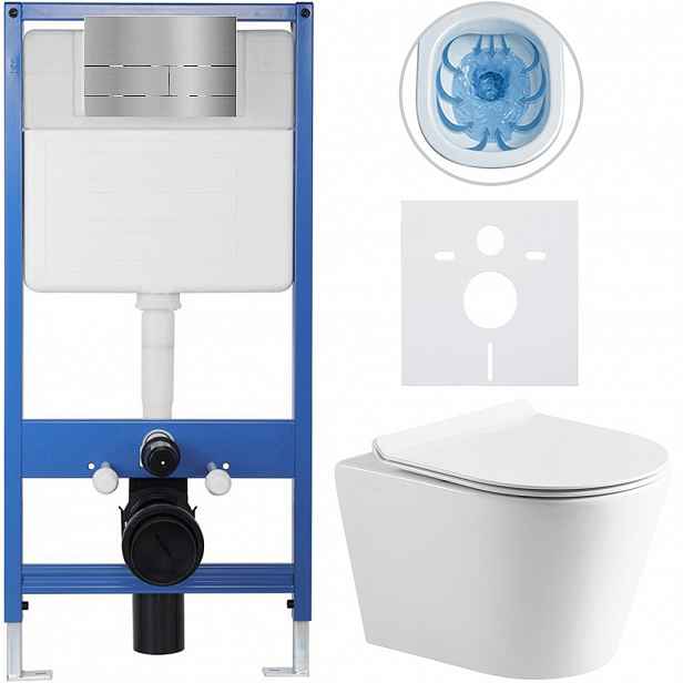 Kompletní WC set Profi/Carlito - bílá lesklá - WC tlačítko Line/Nerez - předstěnová instalace - 48,5x36,5 cm
