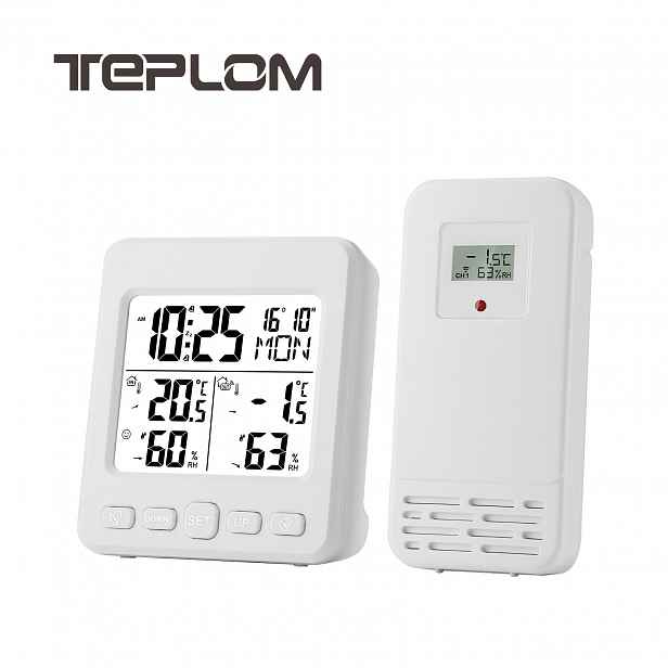 TEMU Digitální teploměr vlhkoměr s venkovním čidlem a budíkem - Vnitřní/venkovní teploměr vhodný pro HVAC systémy, monitor teploty/vlhkosti s