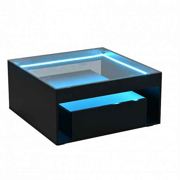 OKWISH KONFERENČNÍ stolek 70/70/35 cm černý z MDF a tvrzeného skla s LED a 2 zásuvkami