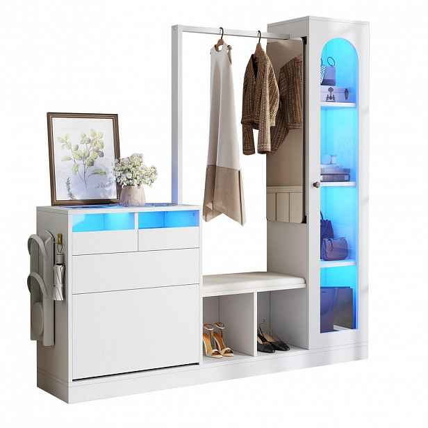 Redom PŘEDSÍŇOVÁ sestava 163/50/161 cm s LED osvětlením, výklopným botníkem a otočným zrcadlem z dřevotřísky, Bílá