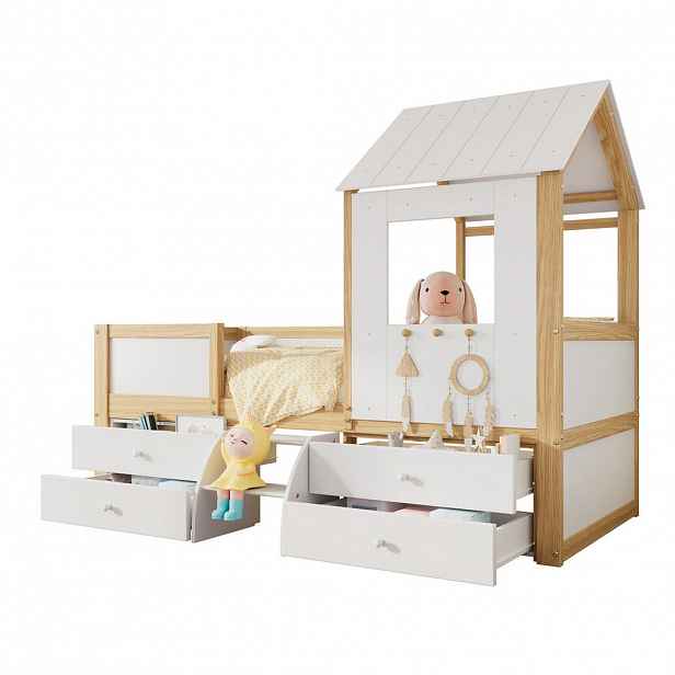 OKWISH POLODĚTSKÁ postel 90/200 cm bílá a přírodní z borovice, MDF a překližky s domečkem, schody a úložným prostorem