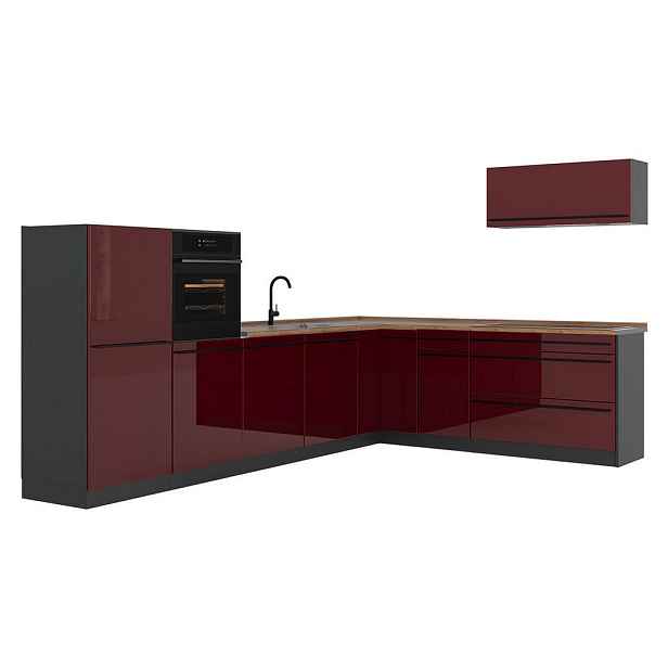 Vicco ROHOVÁ KUCHYŇ R-Line, Červená vysoký lesk/Antracit, 327 x cm pracovná doska Dub Goldkraft