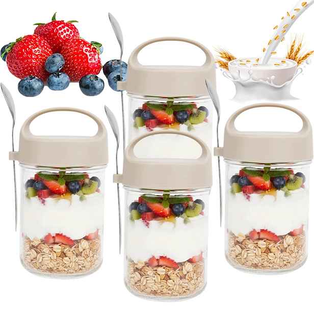 4X Sklenice Na Jogurt S Ovesnou Kaší Overnight Oats Víko Lžíce