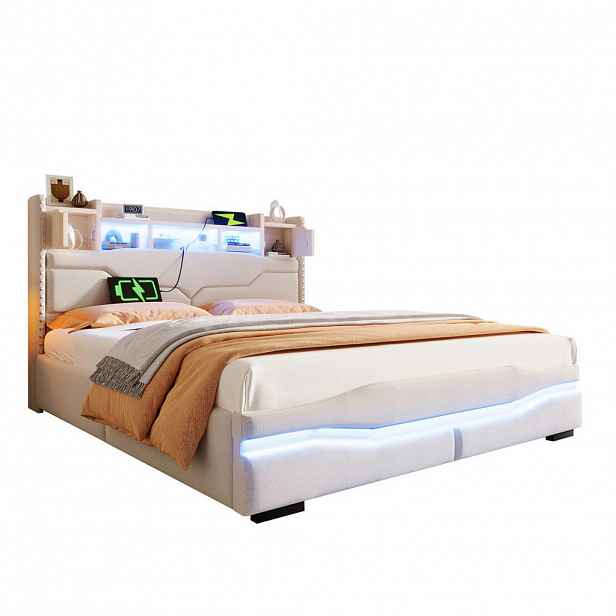 OKWISH ČALOUNĚNÁ postel 160/200 cm béžová z lnu s úložným prostorem a LED osvětlením