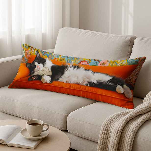 TEMU 1ks Měkký a stylový povlak na dlouhý polštář 20x54 palců/51x137 cm Kočka relaxující - Černobílá kočka na oranžové pohovce Ideální do ložnice,