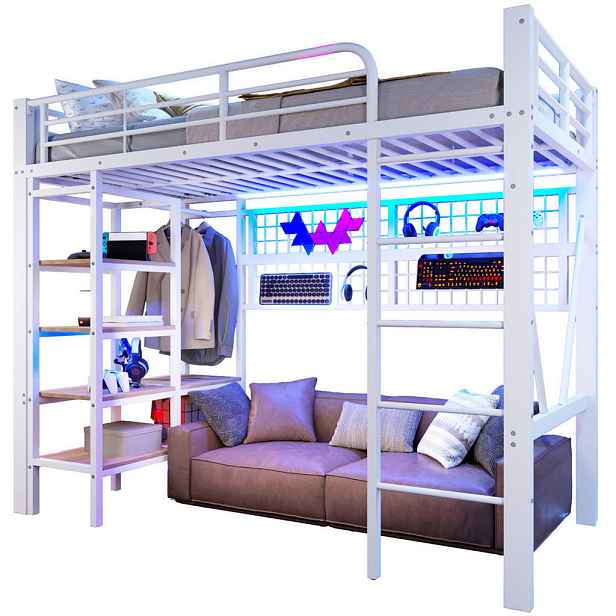 Modenvie VYSOKÁ postel 90/200 cm z kovu a MDF v bílé barvě s LED osvětlením