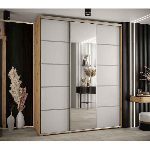 Šatní skříň YVONA 5 - 200/60 cm, dub artisan / bílá / stříbrná