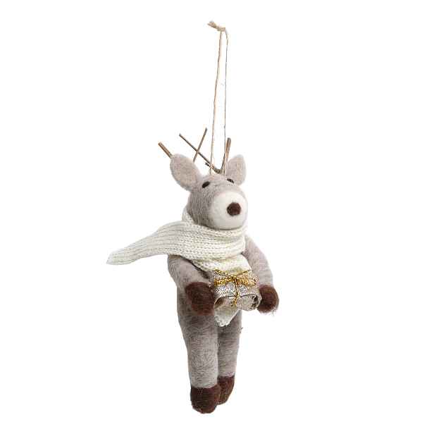 Šedá plstěná vánoční ozdoba Sob s dárečkem – Ø 5*15 cm Chic Antique