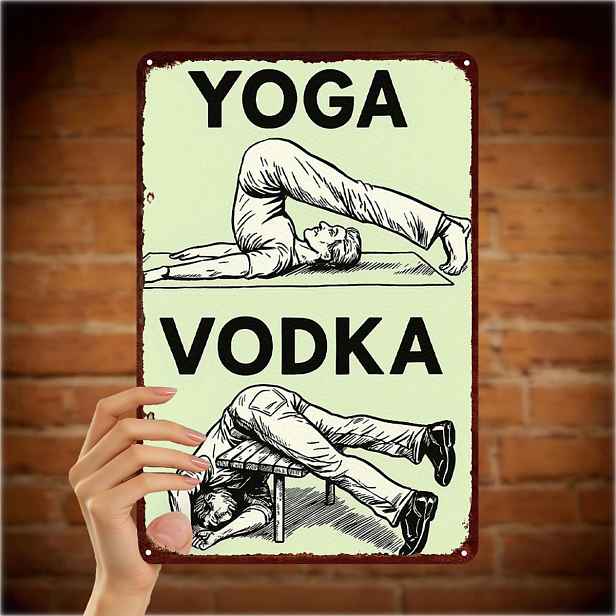 TEMU 2D plochý, 2D plochý 1 ks, "Jóga & Vodka: Humorný kovový umělecký štítek – Ideální pro posilovnu, bar domácí dekoraci" 8×12 palců, 2D plochý