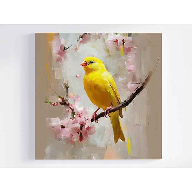 Obraz Na Plátně Canvas Jaro Pták Kanárek Dřevo Květiny Višeň 50x50