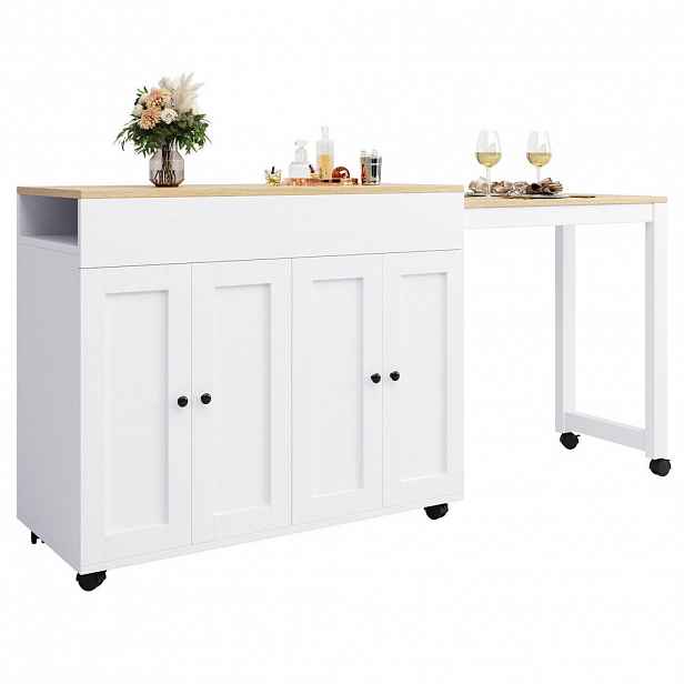 Redom BAROVÝ stůl 117-180/50/94,6 cm, rozkládací, s úložným prostorem a 6 policemi z MDF, Bílá